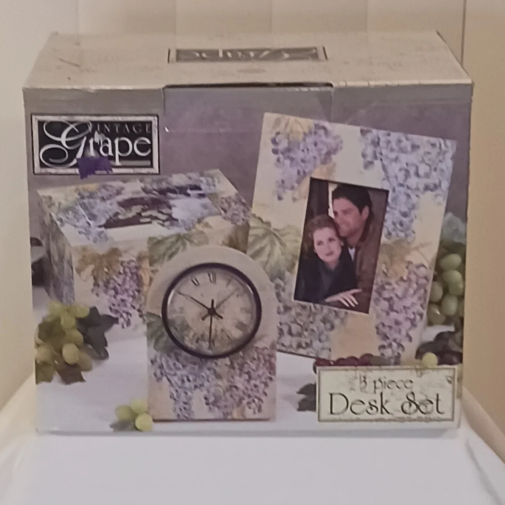 Gift Clock Grape Desk Set. Clock,Tissue Box, and Photo Frame. Yellow Print